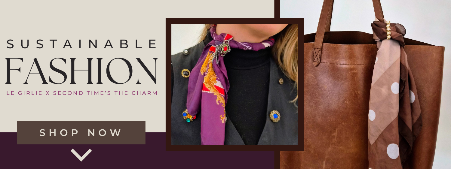 Promotional banner for sustainable fashion with a person wearing a colorful scarf and a brown tote bag.